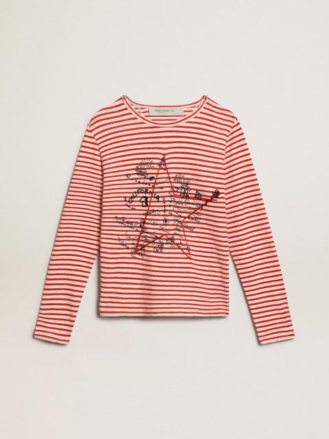 Women's T-shirt with white and red stripes and embroidery on the front
