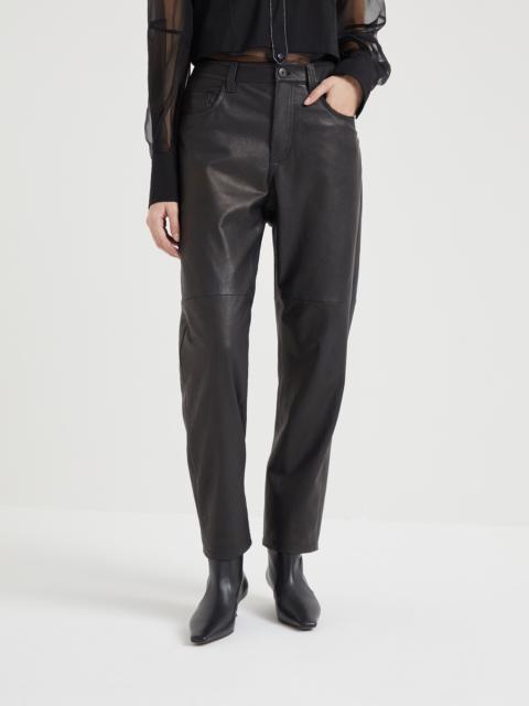 Natural leather straight five-pocket trousers with shiny tab