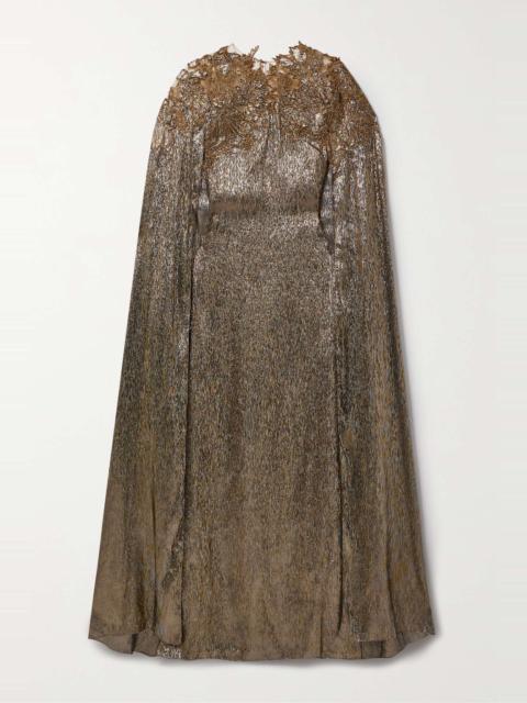 Cape-effect embellished embroidered tulle-trimmed silk-blend lamé gown