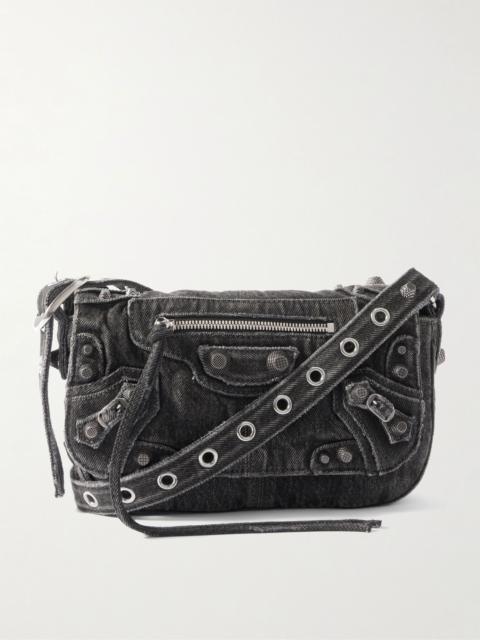Le Cagole XS Studded Washed-Denim Messenger Bag Black