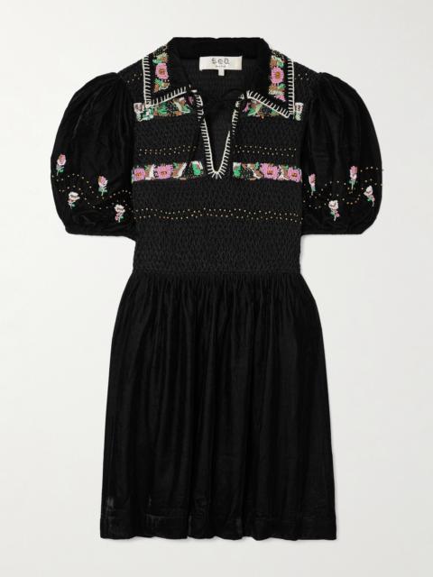 Brynn Embellished Smocked Velvet Mini Dress