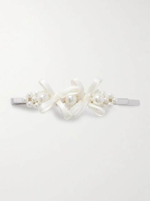 Bow-detailed silver-tone faux pearl hair clip Ivory