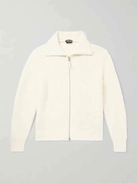 Slim-Fit Ribbed Wool and Mohair-Blend Zip-Up Cardigan Cream