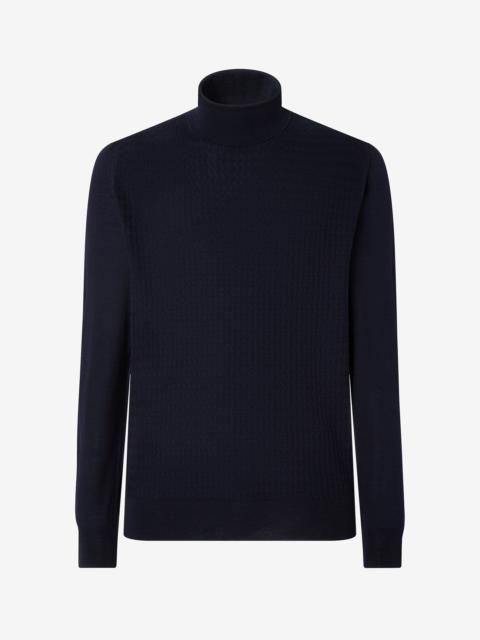 Blue ultra-fine 120's wool button-up polo shirt with wavy stitch