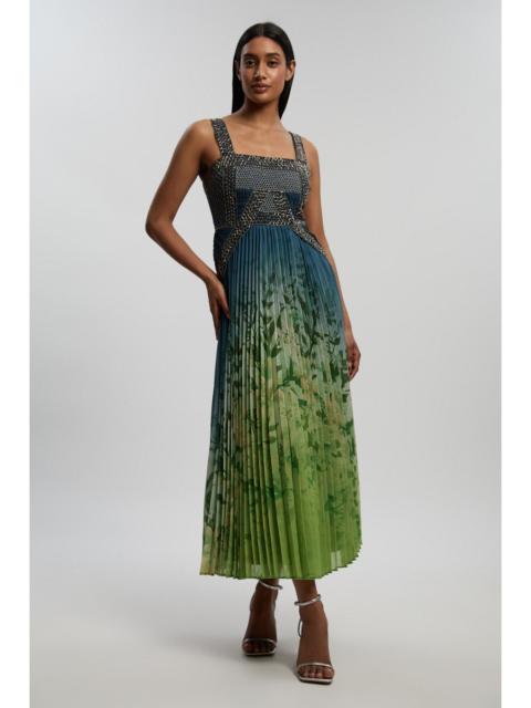 Embellished Ombre Floral Pleated Woven Maxi Dress