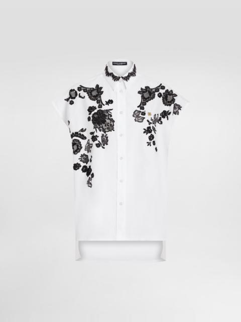 Oversize cotton poplin shirt with lace appliqués
