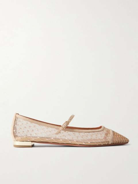 Juliette suede-trimmed embroidered mesh Mary Jane ballet flats Neutral