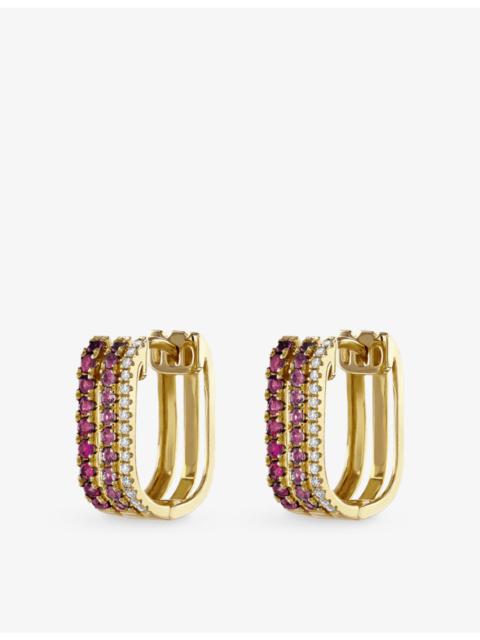 Triple Row 14ct Yellow Gold, 0.04ct Diamond And 0.25ct Pink Sapphire Hoop Earring