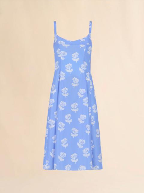 LIGHT BLUE POPLIN FLARED DRESS WITH SPRAYED ROSES PRINT