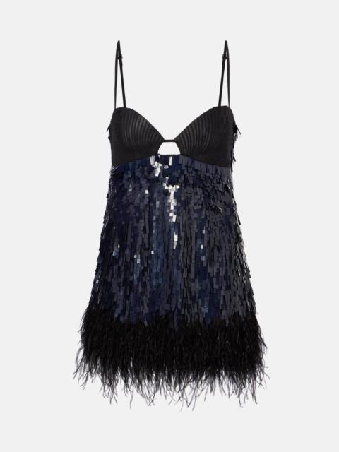 Feather-trimmed sequined minidress