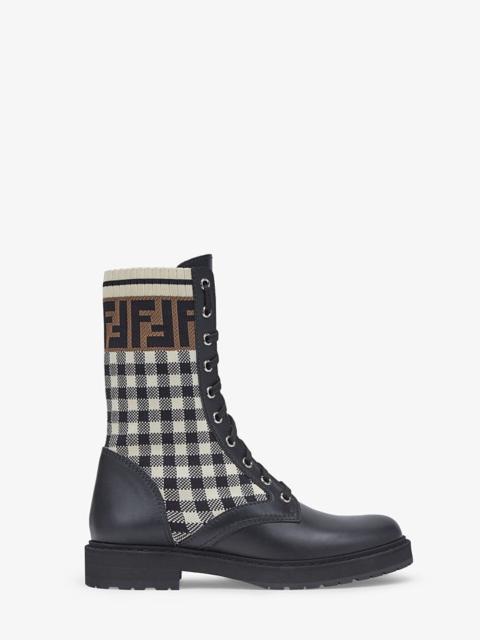 Black leather biker boots with stretch fabric