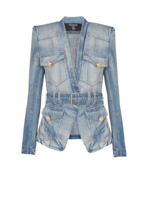 1-button belted denim jacket