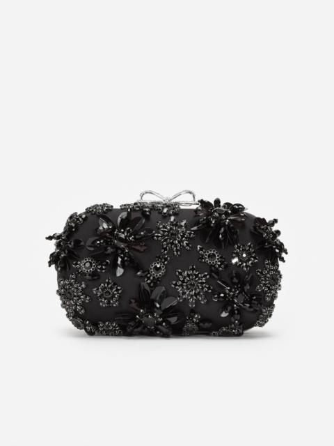 Black Satin Floral Crystal Clutch Bag