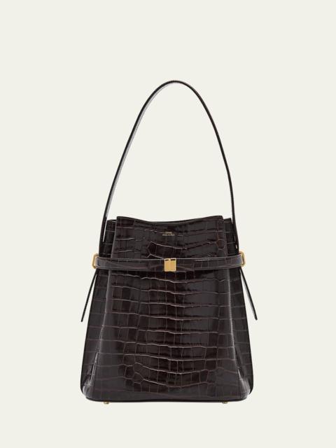 Belted Croc-Embossed Leather Bucket Bag
