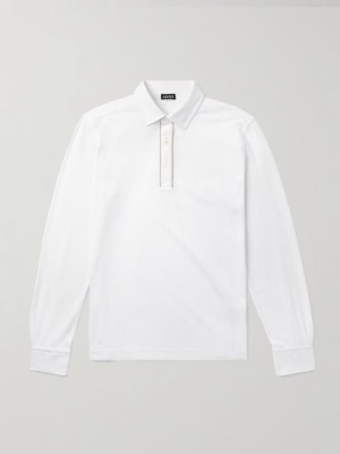 Suede-Trimmed Cotton-Piqué Polo Shirt White
