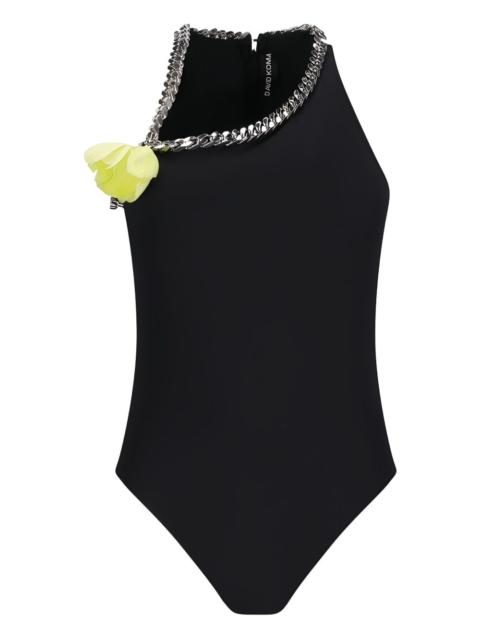 chain-embellished one-shoulder bodysuit