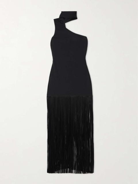 Atlanta asymmetric one-shoulder fringed crepe gown