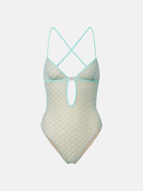Open-knit lamé swimsuit