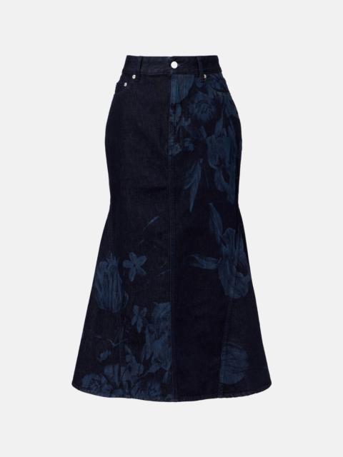 Floral flared denim midi skirt