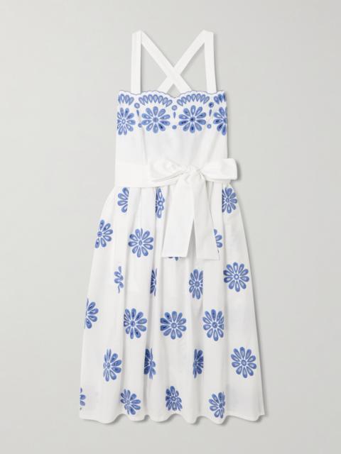 Belted Scalloped Broderie Anglaise Cotton Midi Dress
