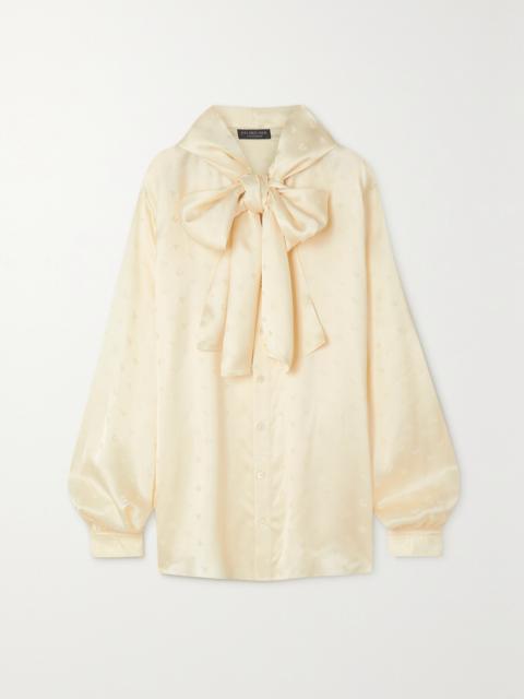 Oversized Hooded Pussy-bow Satin-jacquard Blouse