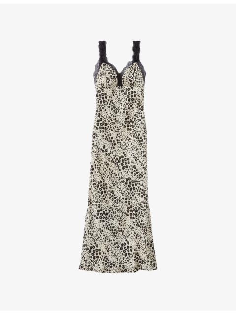 Animal-Print Lace-Trim Satin Midi Dress