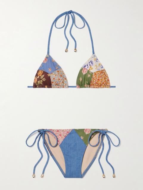 Lucky patchwork floral-print cotton and chambray triangle bikini Multi