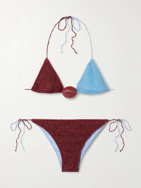 Lumière Shell embellished two-tone metallic triangle bikini Burgundy
