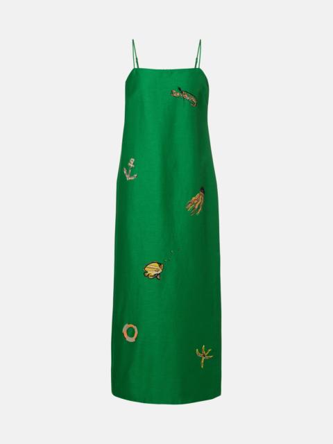 Embellished printed linen-blend maxi dress