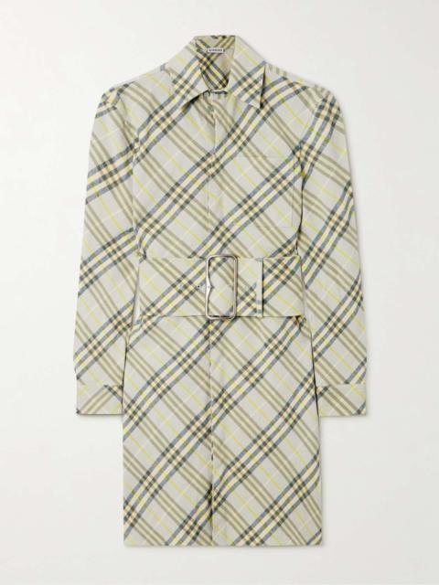 Belted checked linen-bend mini shirt dress Cream