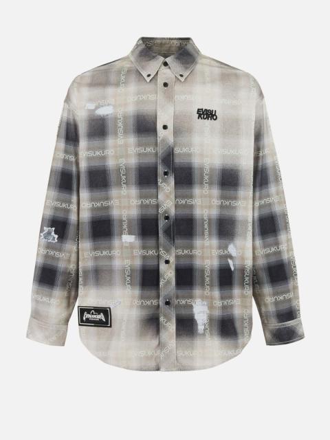 Allover Logo Print Distressed Oversized Check Shirt