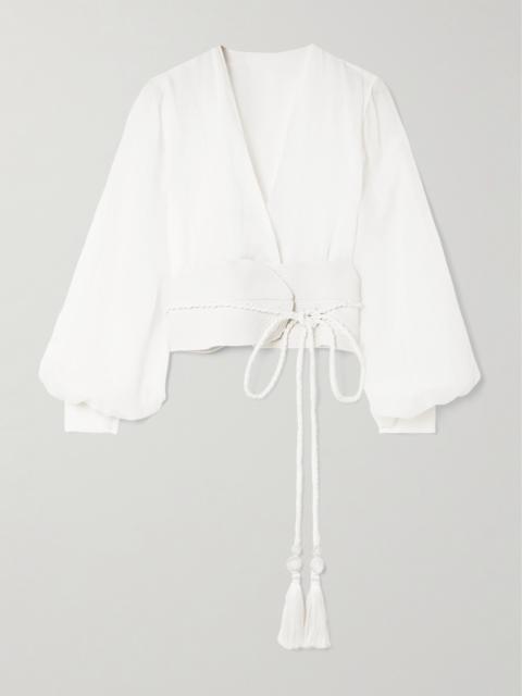 La Costa Braid-trimmed Belted Linen Blouse