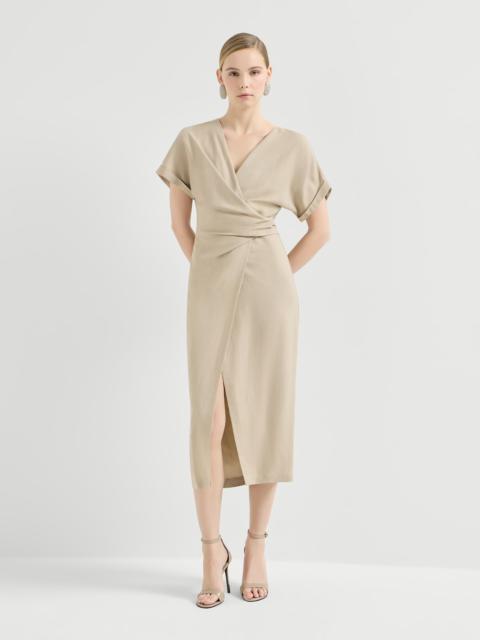Viscose and linen fluid twill wrap-effect dress with monili