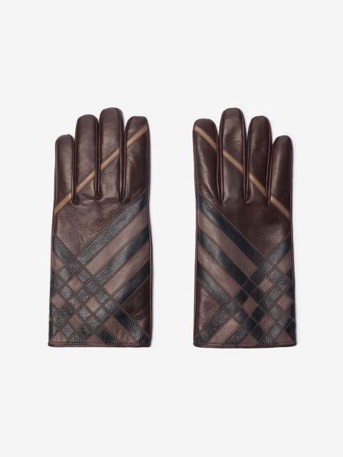 Check Intarsia Leather Gloves