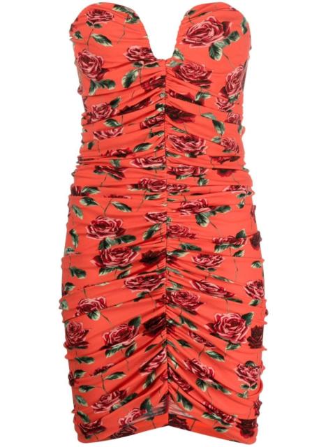 rose-print ruched bustier minidress