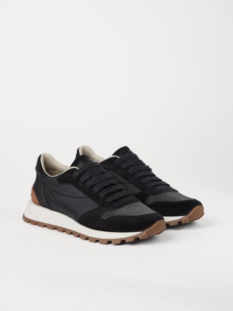Suede and techno fabric runners with precious toe