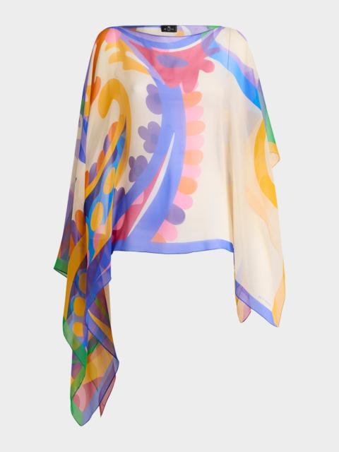 Asymmetric Printed Silk Poncho