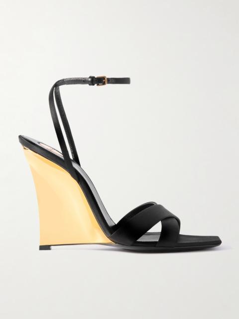 Lucienne Leather-trimmed Satin Wedge Mules