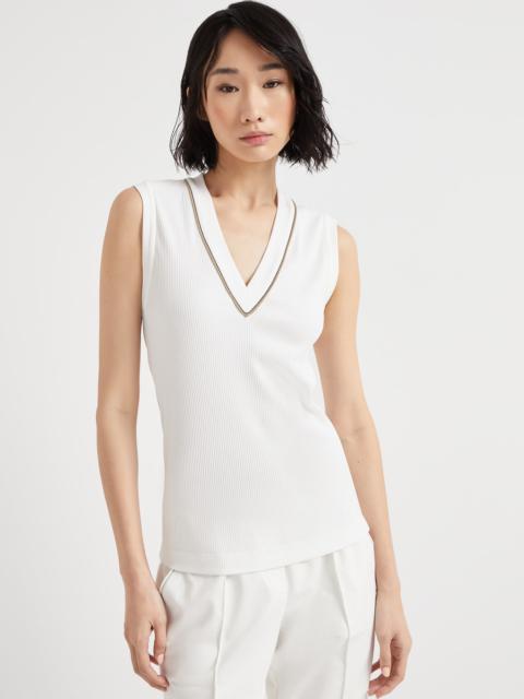 Comfort cotton ribbed jersey top with shiny piping