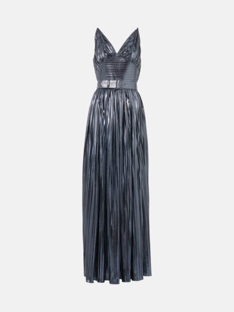 Pleated belted lamé gown