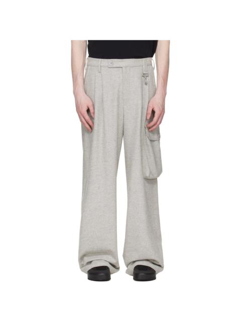 Gray Wool Herringbone Pleated Cargo Pants