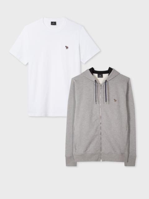 Grey Cotton Zip-Front Hoodie & White T-Shirt Zebra Set