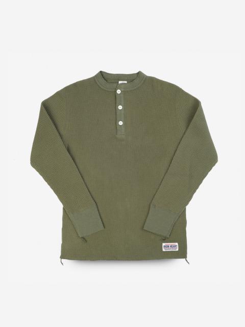 WAFFLE KNIT LONG SLEEVED THERMAL HENLEY - OLIVE
