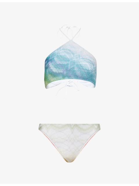 Graphic-Print Raschel Knit Bikini Set