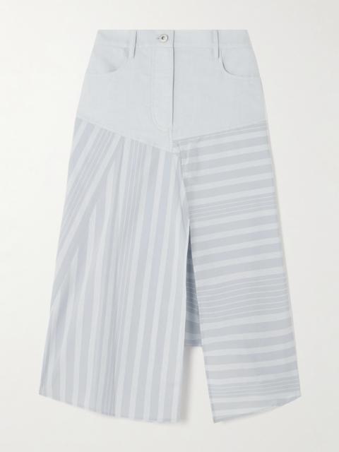 Asymmetric Striped Patchwork Cotton-poplin And Denim Midi Skirt