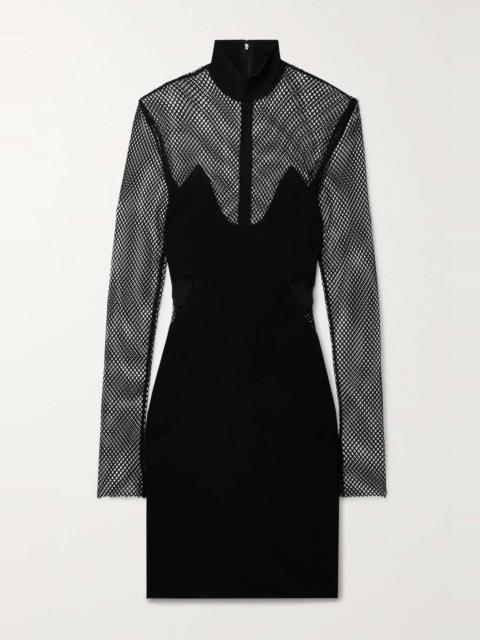 Paneled stretch-crepe and mesh mini dress