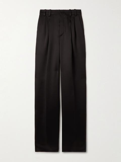 Pleated silk-satin straight-leg pants Black