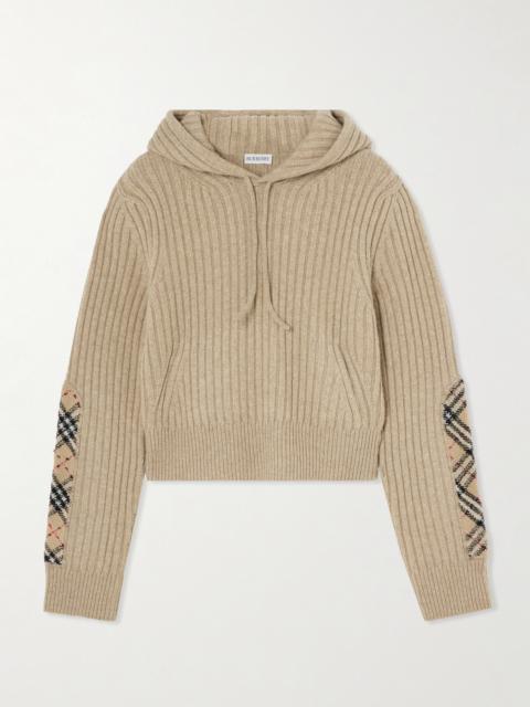 Checked Bouclé-trimmed Ribbed Wool And Cashmere-blend Hoodie