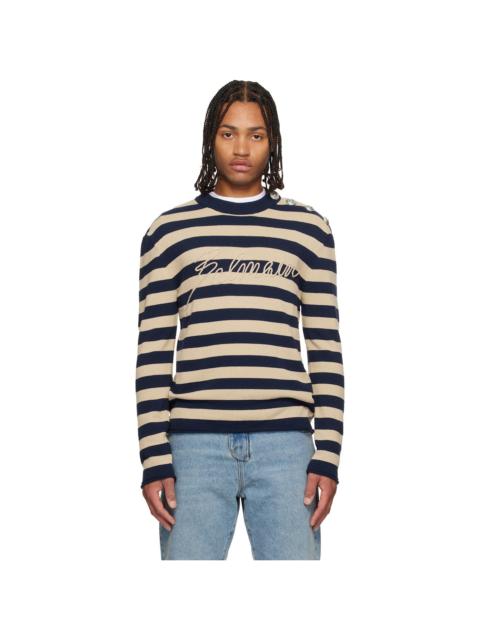 Navy & Beige 'Balmain' Logo Marinière Sweater