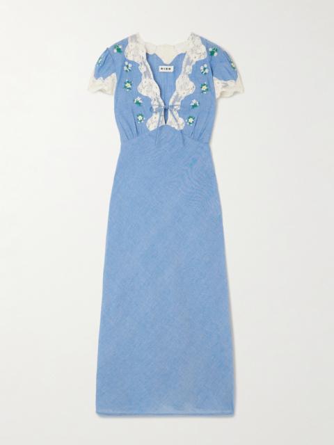 Amari Lace-trimmed Embroidered Cotton-chambray Midi Dress